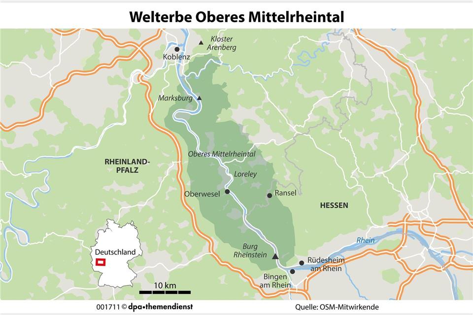 Das Obere Mittelrheintal zwischen Bingen und Koblenz ist seit 2002 Unesco-Welterbe. 37 Burg- und Schlossgärten und Stadtparks gehören derzeit zum Verbund der Welterbe-Gärten. dpa-infografik/dpa-tmn