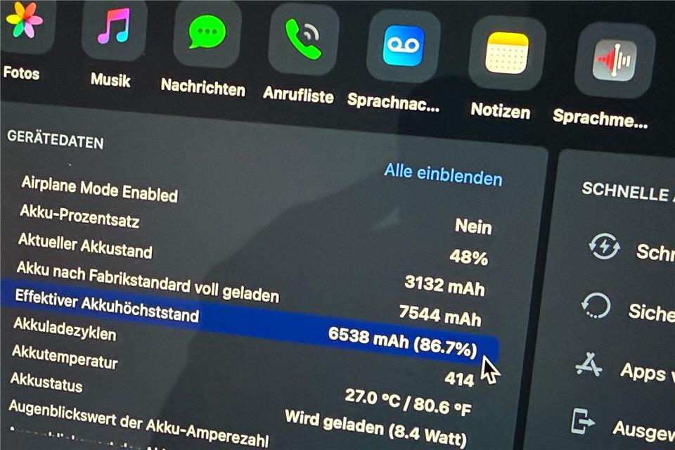 iPad: So prüfen Sie den Akkuzustand Das Programm iMazing zeigt: Dieses 5 Jahre alte iPad Pro hat noch 86,7 Prozent seiner ursprünglichen Akkukapazität. Till Simon Nagel/dpa-tmn