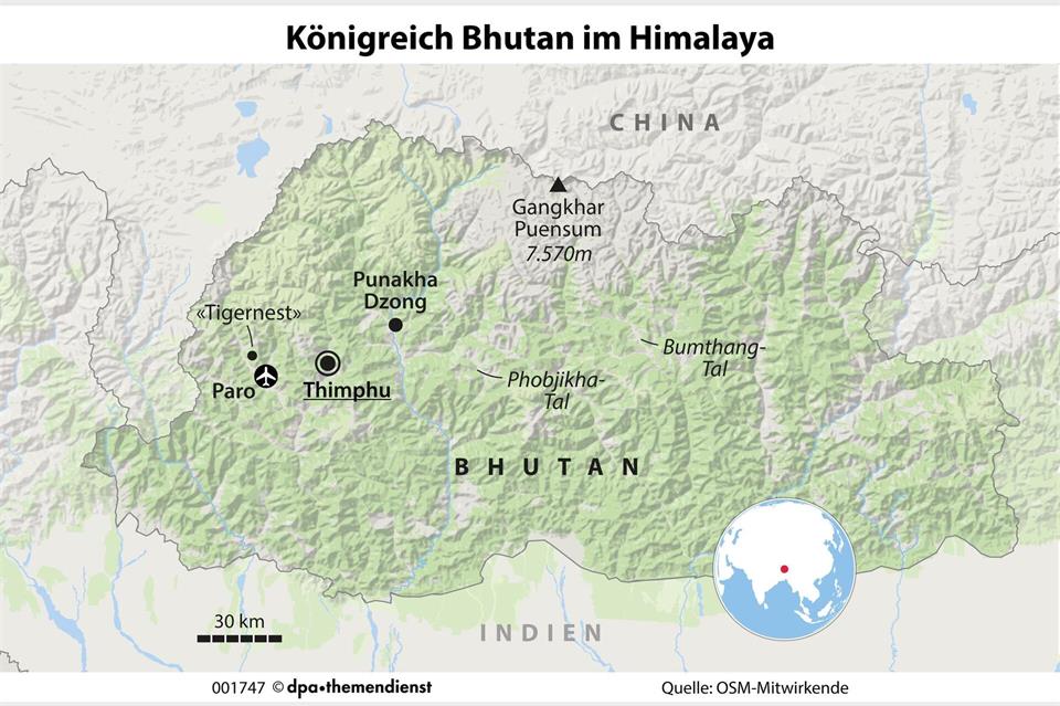 Das buddhistische Königreich Bhutan liegt im östlichen Himalaya. Es lockt mit unberührten Gebirgslandschaften und spektakulären Klöstern.dpa-infografik/dpa-tmn