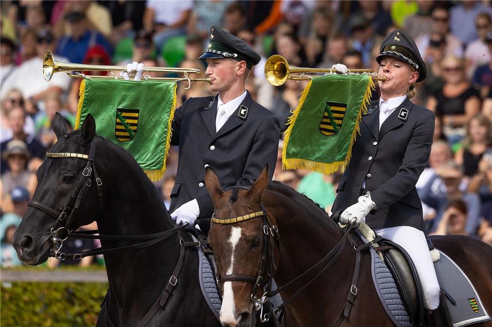 Mehr als 130 Pferde bei Moritzburger Hengstparade Den Anfang machte traditionell der berittene Fanfarenzug.Jürgen Lösel/dpa