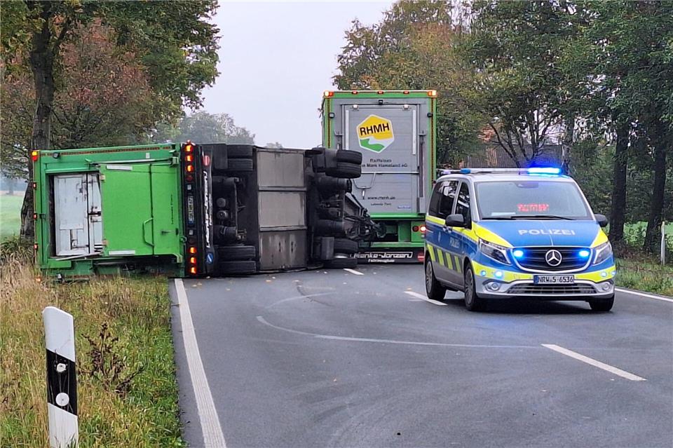 Der Anhänger des Schweinetransporters kippte bei dem Unfall um.