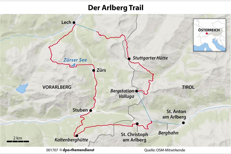Der Arlberg ist vor allem für betriebsamen Wintersport bekannt. Im Sommer entdeckt man die hochalpine Gegend auf dem Fernwanderweg Arlberg Trail in entrückter Einsamkeit.  dpa-infografik/dpa-tmn