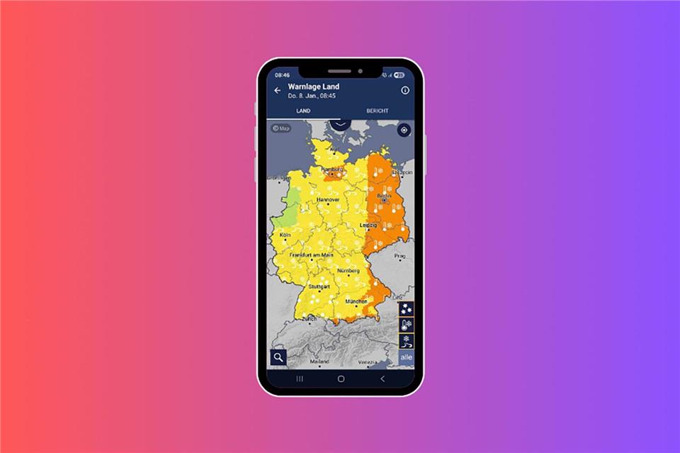 Der Deutsche Wetterdienst warnt im Winter mit einem vierstufigen Farbsystem: Von Gelb bis Violett steigt die Gefahr durch Schnee und Glätte.Deutscher Wetterdienst DWD/dpa-tmn
