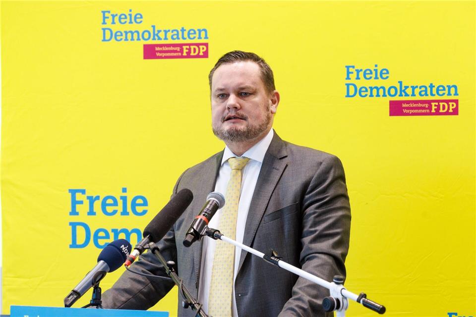 Der FDP-Landesvorsitzende René Domke und sein Landesvorstand  haben bei einem Sonderparteitag einen Abwahlantrag nur knapp überstanden. (Archivbild)Markus Scholz/dpa