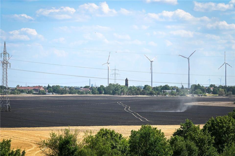 Der Feldbrand nahe der A9 bei Bitterfeld-Wolfen ist unter Kontrolle, die Nachlöscharbeiten dauern an.Heiko Rebsch/dpa