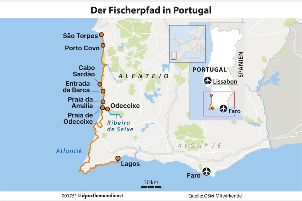 Der „Fischerpfad“ (Trilho dos Pescadores) führt von São Torpes in 13 Etappen und 226,5 Kilometern nach Lagos an der Algarve.dpa-infografik/dpa-tmn