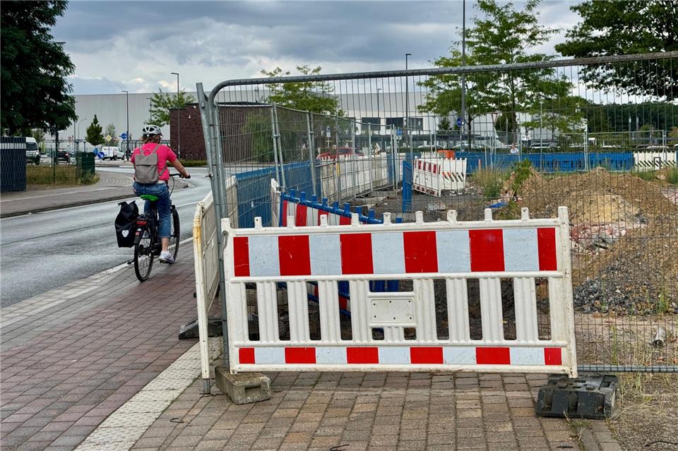 Der Fußweg ist komplett entfernt worden. Über den schmalen Radweg quetschen sich Radler und Fußgänger.