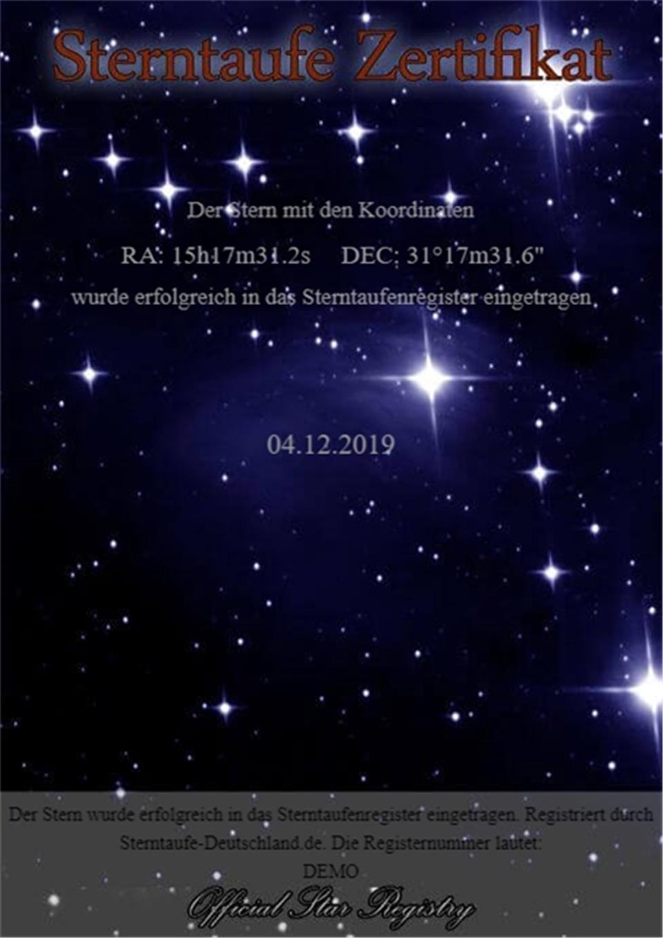 Der Geschenketipp lautete: Wussten Sie, dass man einen Stern auf einen bestimmten Namen taufen lassen kann? Das geht im Sterntaufenregister. Verschenken Sie eine Sterntaufe. So kann bald schon ein Stern am Firmament den Namen Opa Heinz oder Oma Hilde tragen – oder irgendeinen Fantasienamen. Die Taufe kann via Internet auf sterntaufe-deutschland.de vollzogen werden. Das Tauf-Prozedere kann man wunderbar gemeinsam mit den Großeltern am PC durchlaufen. Ist alles vollzogen, gibt es ein Zertifikat. Der Name bleibt für immer gültig. Eine Sterntaufe gibt es für 39,90 Euro. Ein ganzes Sternbild mit eigenem Namen kostet 59,90 Euro. Für getaufte Doppelsterne zahlt man 99,90 Euro.