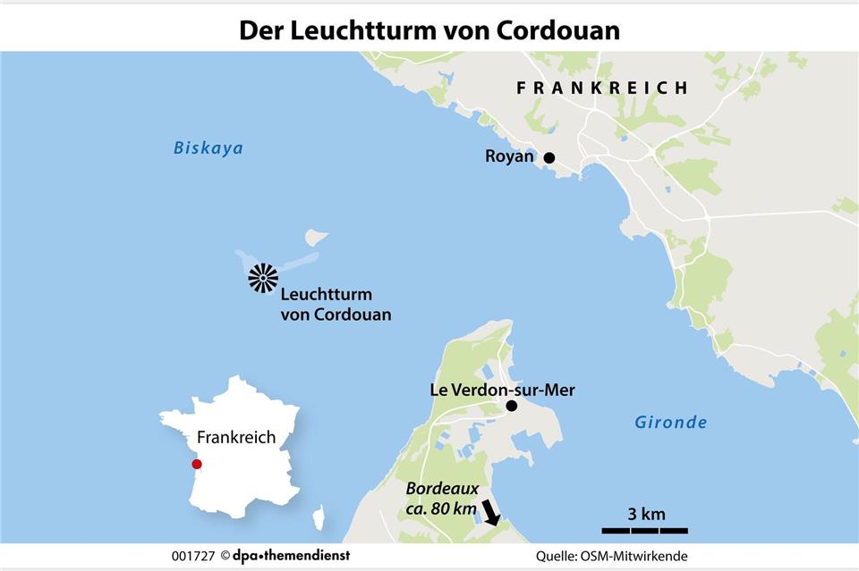 Der Leuchtturm von Cordouan ist dem Mündungstrichter Gironde vorgelagert. Bootsausflüge starten in Le Verdon-sur-Mer oder Royan.dpa-infografik/dpa-tmn