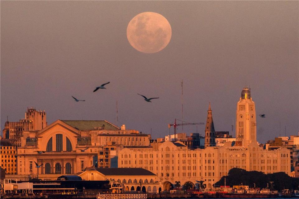 Der Mond geht am über Montevideo, Uruguay, auf.Matilde Campodonico/AP/dpa
