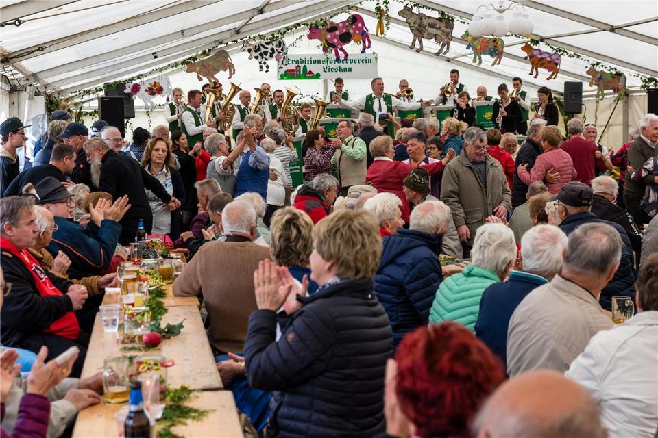 Der Niederlausitzer Almabtrieb in Lieskau klingt im Festzelt aus.Frank Hammerschmidt/dpa