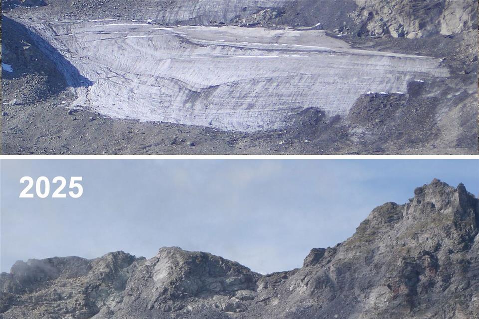 Der Pizolgletscher im Kanton St. Gallen ist zwischen 2006 und 2025 stark geschrumpft.(Kombo)Matthias Huss/Glamos Gletschermessnetz/Akademie der Naturwissenschaften Schweiz (SCNAT)/dpa