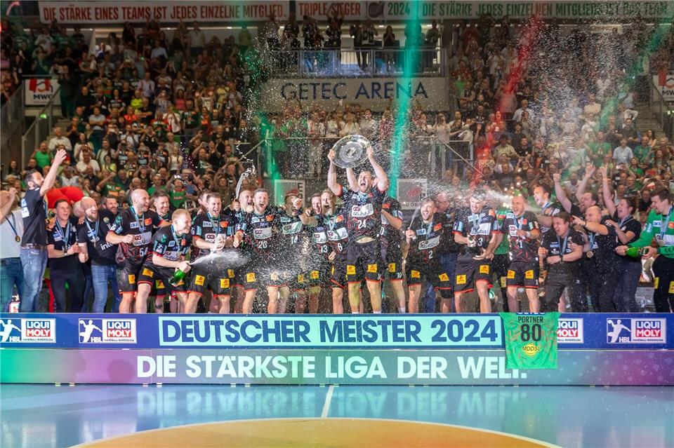 Der SC Magdeburg könnte schon am Donnerstag wie zuletzt 2024 den deutschen Meistertitel bejubeln. (Archivbild)Andreas Gora/dpa