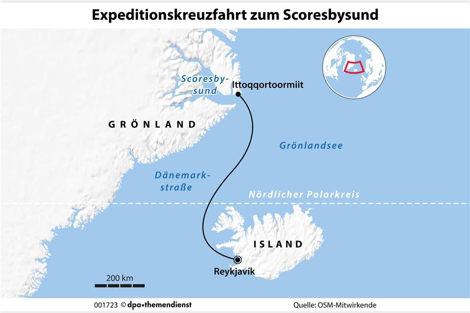 Der Scoresbysund an der Ostküste Grönlands: Das größte Fjordsystem der Welt entführt Besucher in eine unberührte, arktische Wildnis.dpa-Infografik/dpa-tmn