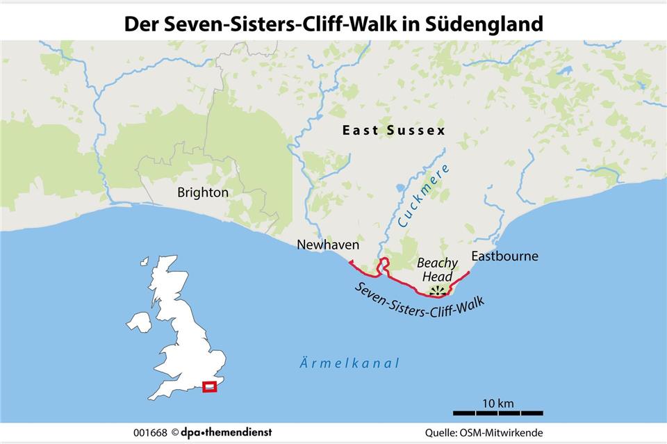 Warum Südengland im Oktober besonders entspannend ist  Der Seven-Sisters-Cliff-Walk führt zwischen Seaford und Eastbourne an beeindruckenden Küstenabschnitten, Leuchttürmen und Stränden entlang.dpa-infografik/dpa-tmn