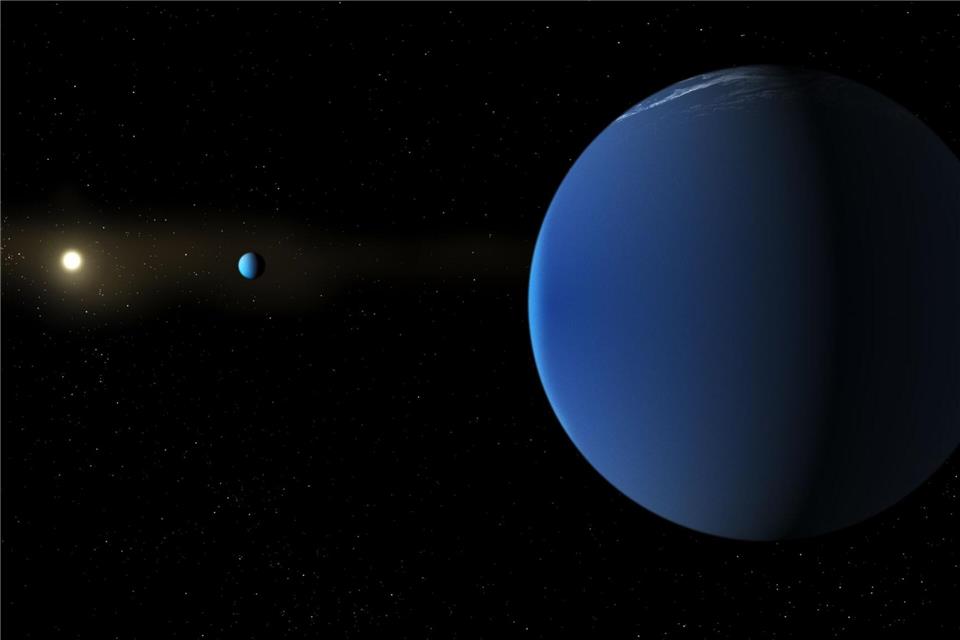Der Stern TOI-791 und die beiden ihn umrundenden Riesenplaneten.Daniel Rutter/NASA/dpa