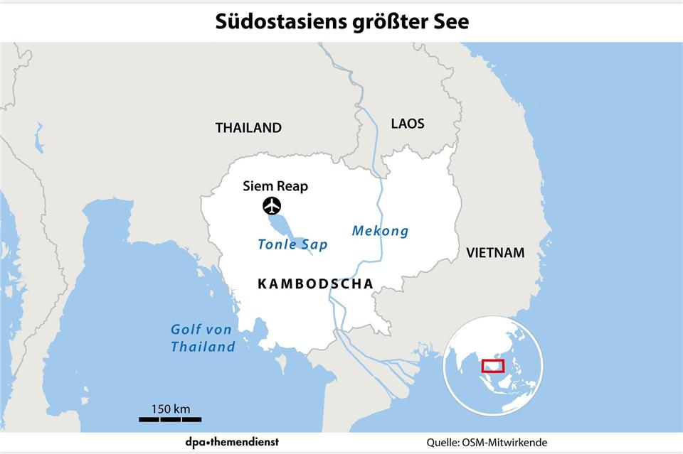 Der Tonle Sap liegt im Zentrum Kambodschas unweit von Siem Reap. Während der Trockenzeit beträgt seine Fläche knapp 3.000 Quadratkilometer, mehr als fünf Mal so viel wie der Bodensee – während der Regenzeit über den Sommer kann sie noch einmal um ein Vielfaches anwachsen.dpa-infografik/dpa-tmn