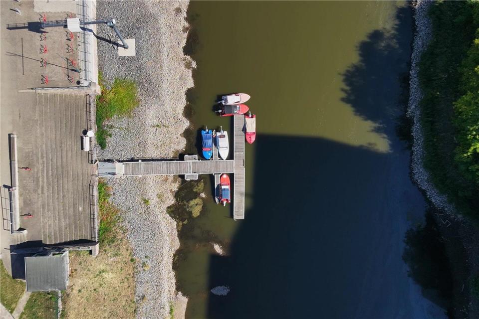 Der Uferbereich zeigt, wie an, wie hoch das Wasser an der Zollelbe in Magdeburg hier sonst steht. Simon Kremer/dpa