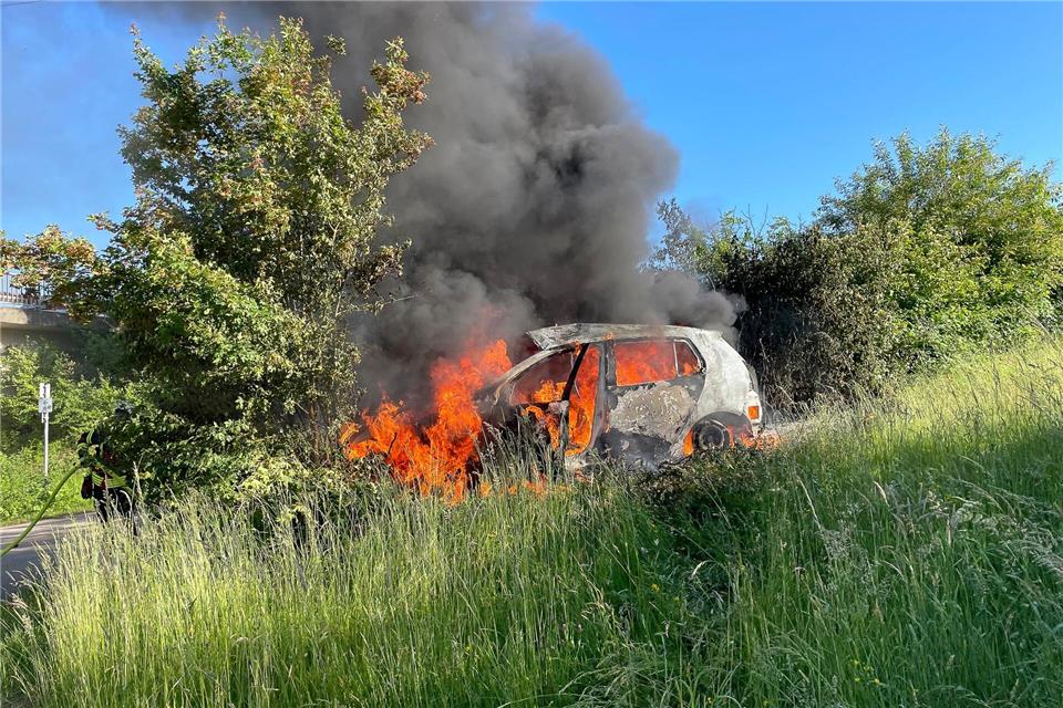 Der Wagen geriet nach dem Unfall in Brand - der Fahrer wurde schwer verletzt. -/Polizeidirektion Trier/dpa