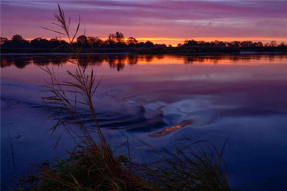 Der herbstliche Sonnenaufgang spiegelt sich auf der Oder in Brandenburg.Patrick Pleul/dpa