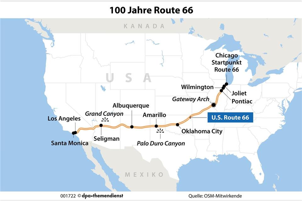 Der ultimative Roadtrip: Die Route 66 führt seit 1926 von Chicago bis Santa Monica am Rand von Los Angeles.dpa-Infografik/dpa-tmn