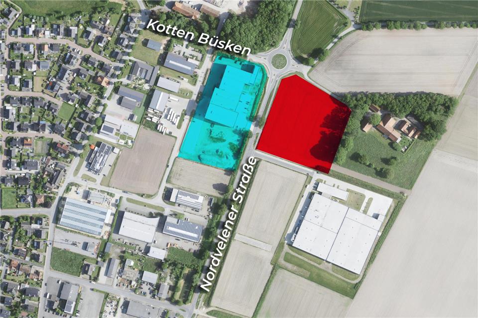 Derzeit befindet sich die Firma Haane Welding Systems noch auf der westlichen Seite der Nordvelener Straße (hellblaue Markierung). Künftig könnte sie auch auf der anderen Straßenseite weitere Hallen errichten (rote Markierung).