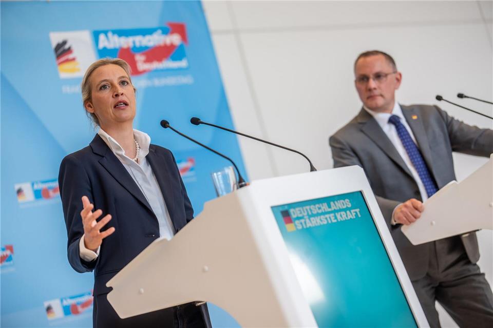 Die AfD von Alice Weidel und Tino Chrupalla hat in jüngsten Umfragen klar die Nase vorn. (Archivbild)Michael Kappeler/dpa