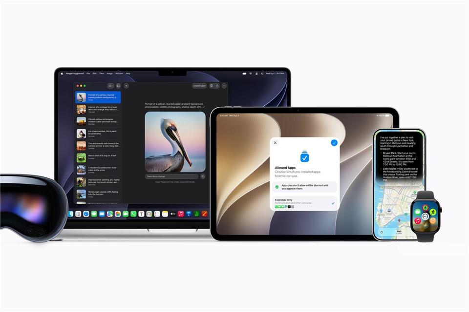 Die Apple-OS-Generation 27 mit visionOS (links), macOS (2. v.l.), iPadOS (Mitte), iOS (2. v.r.) und watchOS (rechts) soll voraussichtlich im September verfügbar sein. -/Apple Inc./dpa-tmn