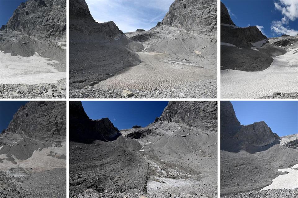 Die Bildreihe zeigt den massiven Verlust des Watzmanngletschers seit 2021 . Angelika Warmuth/dpa
