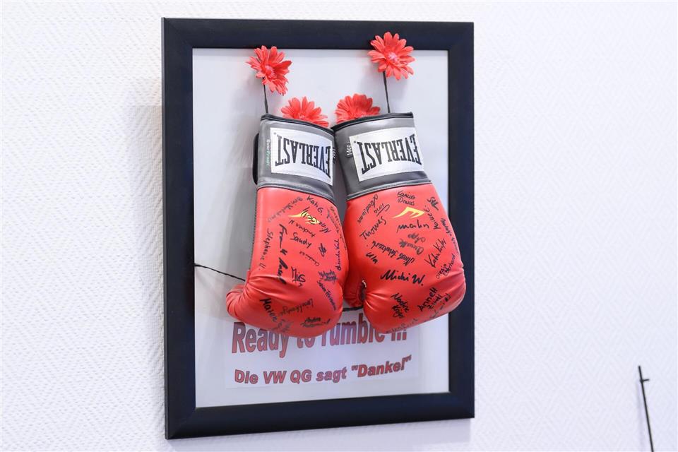 Die Boxhandschuhe in ihrem Büro erinnern an einen harten Arbeitskampf, bei dem sich Daniela Cavallo für die Übernahme von Beschäftigten einer VW-Tochtergesellschaft eingesetzt hat.Julian Stratenschulte/dpa