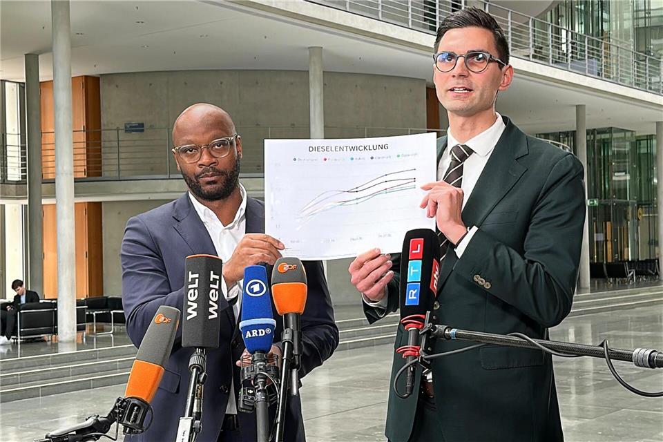 Die Chefs der Taskforce zu den Auswirkungen des Iran-Krieges, Armand Zorn (SPD, l.) und Sepp Müller (CDU), erläutern Maßnahmen zur Entlastung der Bürger, sollte der Krieg noch lange andauern. Jörg Ratzsch/dpa