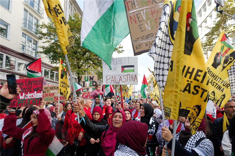 Die Demonstranten wollen auf die Situation der Palästinenser aufmerksam machen.Henning Kaiser/dpa