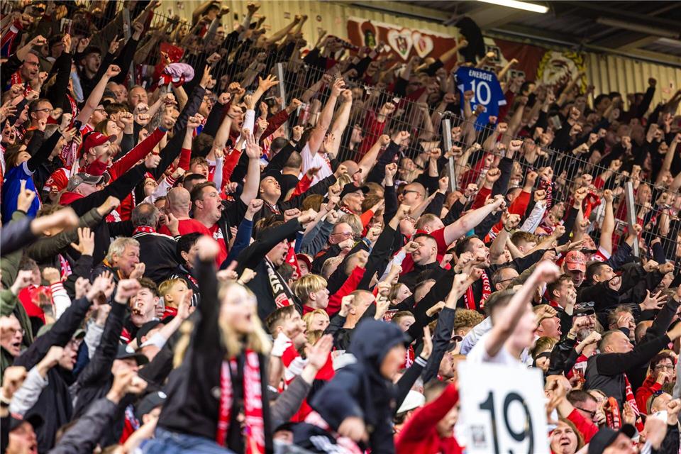 Die Fans von Energie Cottbus hatten erneut Grund zu jubeln. (Archivbild) Frank Hammerschmidt/dpa
