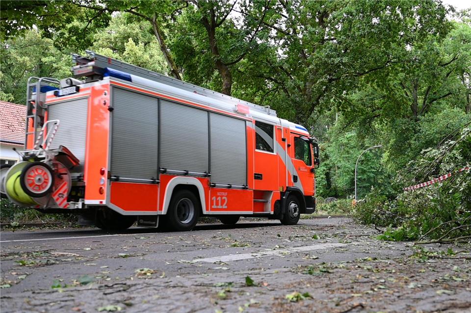 Die Feuerwehr räumt abgebrochene Äste zur Seite.Michael Brandt/dpa
