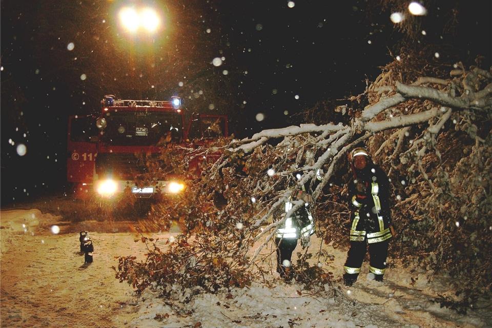 Die Feuerwehren waren im ganzen Verbreitungsgebiet der Borkener Zeitung im Dauereinsatz. Dieses Bild machte 2005 die Rekener Wehr als sie versuchten Wege freizuschneiden.