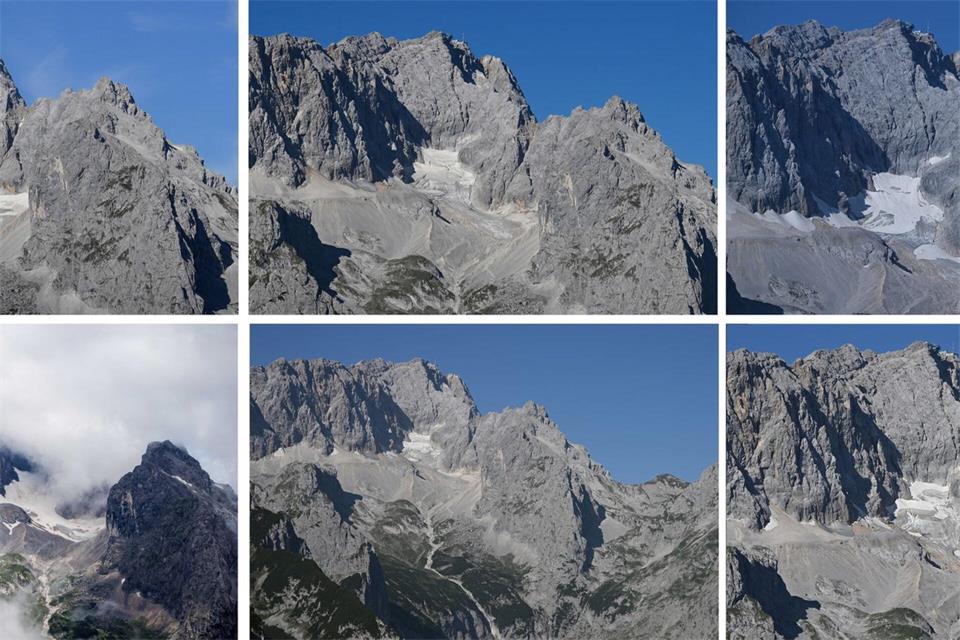 Die Fotos zeigen die Reste des Gletschers Höllentalferner - 2021 (oben links), 2022 (oben Mitte), 2023 (oben rechts), 2024 (unten links), 2025 (unten Mitte) und 2026 (unten rechts).Angelika Warmuth/Matthias Balk/dpa