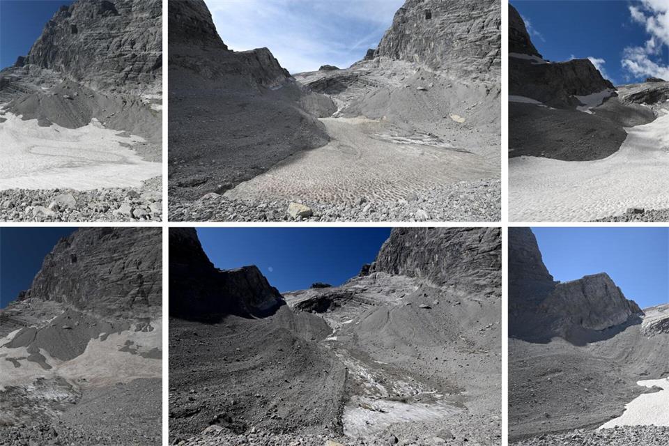 Die Fotos zeigen die Reste des Watzmanngletschers auf 2060 Metern - 2021 (oben links), 2022 (oben Mitte), 2023 (oben rechts), 2024 (unten links), 2025 (unten Mitte) und 2026 (unten rechts).Angelika Warmuth/dpa