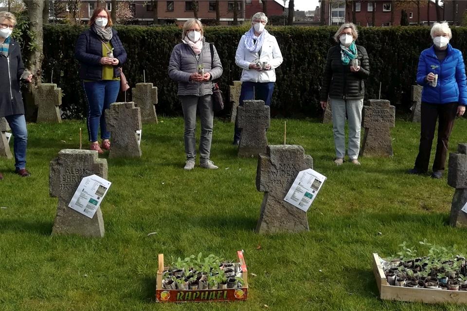Die Frauen der kfd stellen die Sonnenblumenaktion an den Soldatengräbern auf dem Friedhof in Erle vor: (v.l.) Brigitta Schneiders, Doris Groß-Bölting, Mia Pass, Martha Eming, Christel Springer und Ingrid Horstmann.