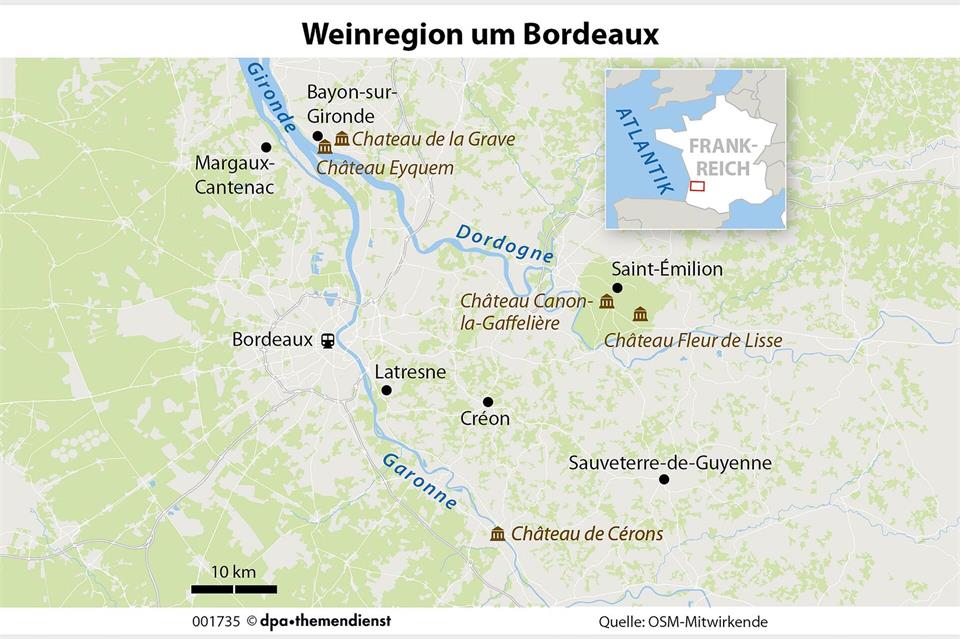 Die Gegend rund um Bordeaux zählt zu den weltweit bekanntesten Weinanbauregionen.dpa-infografik/dpa-tmn