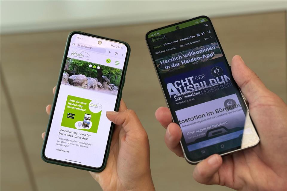 Die Gemeinde Heiden hat nun ihre eigene App, hier ein Vergleich zwischen der Webseite auf dem Smartphone (links) und der App.