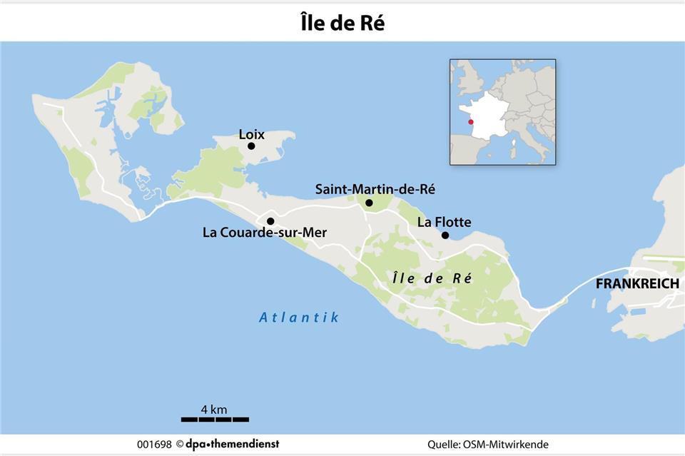 Die Île de Ré im Département Charente-Maritime liegt vor der französischen Atlantikküste bei La Rochelle. Sie ist rund 30 mal 5 Kilometer groß.dpa-infografik/dpa-tmn