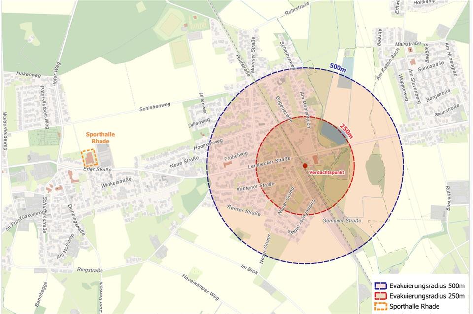 Die Karte zeigt die möglichen Sperrgebiet-Radien um den Fundort des möglichen Kampfmittel-Blindgängers von 250 Metern (etwa 140 Adressen mit 600 betroffenen Personen) und 500 Metern (400 Adressen, 1500 Personen).