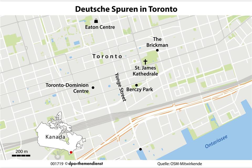 Die Metropole in Ontario ist bekannt als friedlicher Schmelztiegel - sie vereint Einflüsse aus mehr als 200 Nationen. Ein Spaziergang durch Downtown zeigt, wie Deutsche Toronto bis heute mitgestalten.dpa-infografik/dpa-tmn