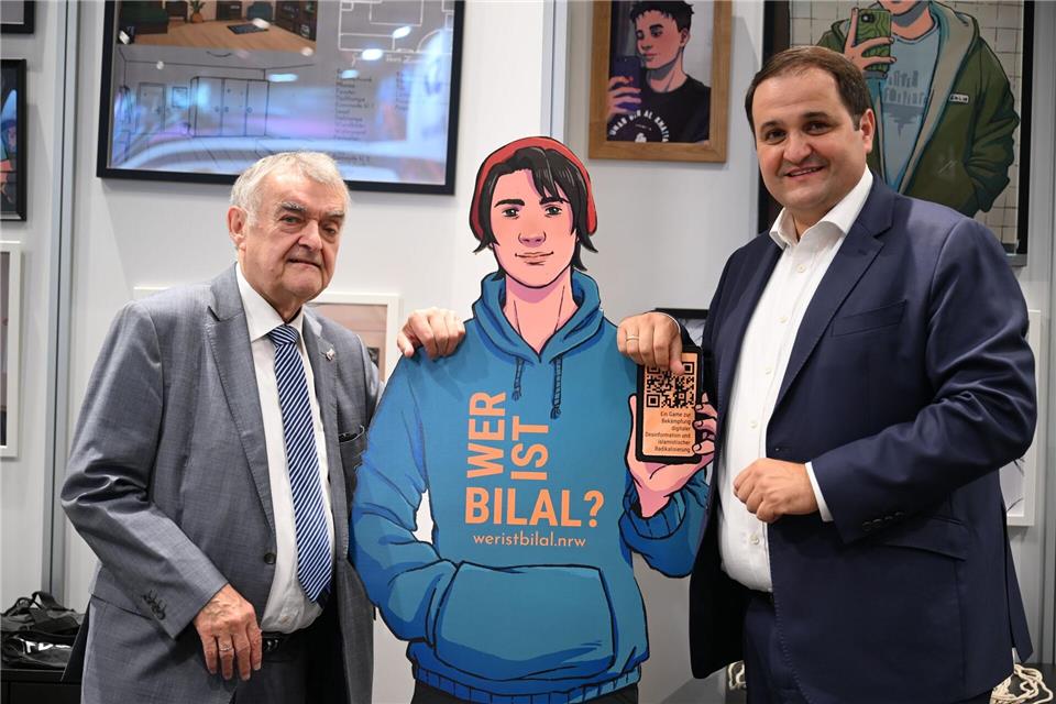 Die NRW-Minister Reul (links) und Liminski hoffen auf eine große Reichweite des Anti-Islamismus-Games „Wer ist Bilal?“Wolf von Dewitz/dpa