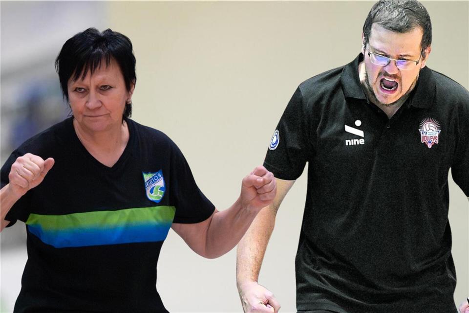Die Oberhand behielt Coach Markus Friedrich (rechts) mit seinen ETV Hamburger Volksbank Volleys am 1. November an alter Wirkungsstätte. Die Skurios Volleys von Trainer Danuta Brinkmann (links) zogen beim 1:3 im Aufsteiger-Duell den Kürzeren. Heute sieht man sich wieder.