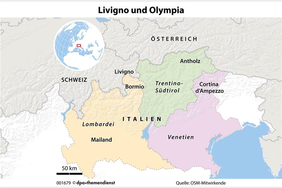 Die Olympischen Winterspiele verteilen sich auf mehrere Orte in Norditalien: Livigno ist einer davon.dpa-infografik/dpa-tmn