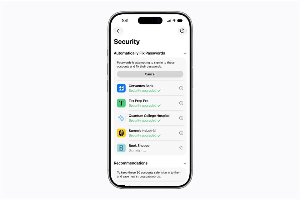 Die Passwörter-App kann künftig auch vor schwachen oder kompromittierten Passwörtern warnen und direkt die Änderung anbieten. Dieses Feature wird aber nicht gleich am 14. September veröffentlicht, sondern nachgereicht.Apple Inc./dpa-tmn