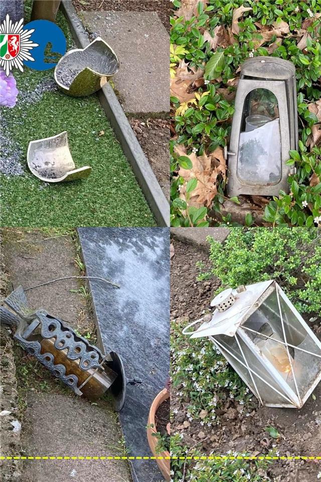 Die Polizei hat Bilder der beschädigten Grableuchten und Vasen veröffentlicht.