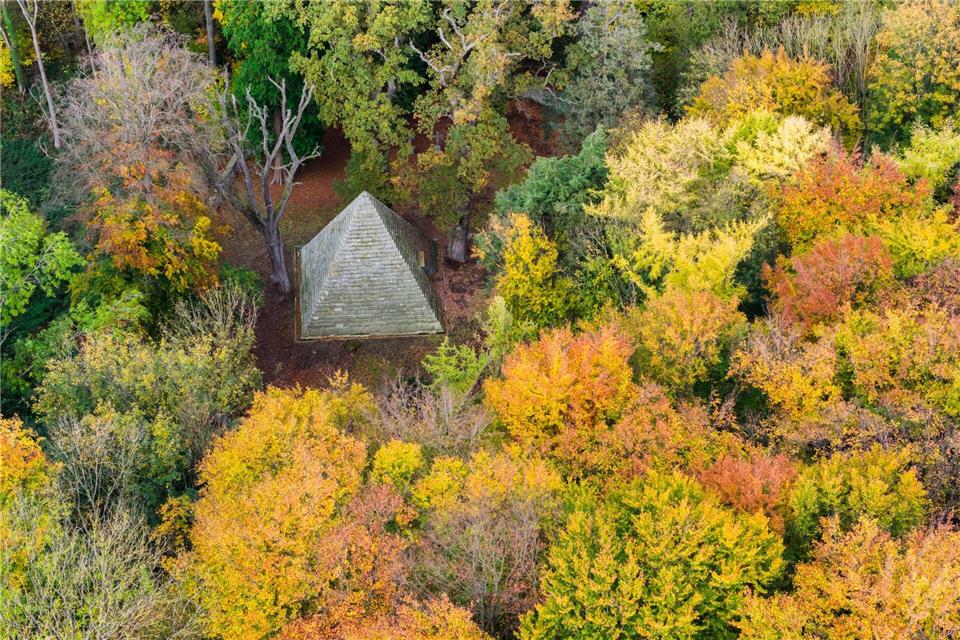 Warum steht eine Pyramide in einem niedersächsischen Wald? Die Pyramide ist mehr als elf Meter hoch.Julian Stratenschulte/dpa