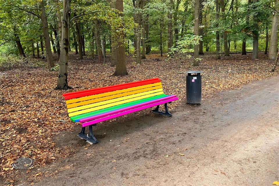Die Regenbogenbank ist eine Gedenkstätte im Berliner Tiergarten. Seit ihrer Aufstellung Anfang August wurde sie mehrfach beschädigt. (Archivbild)Dirk Wittenberg/dpa